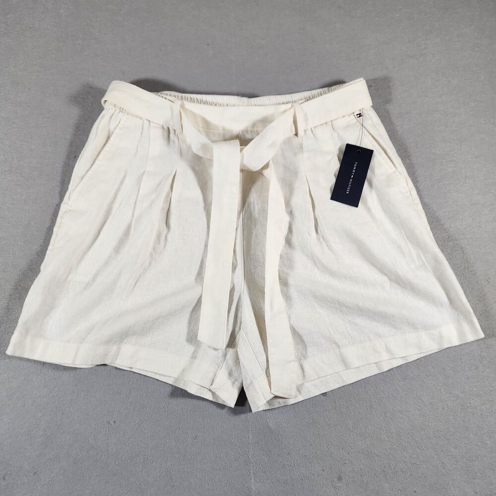 Tommy Hilfiger Linen High-Rise Paperbag Shorts Tie Waist White Size S New w/Tags